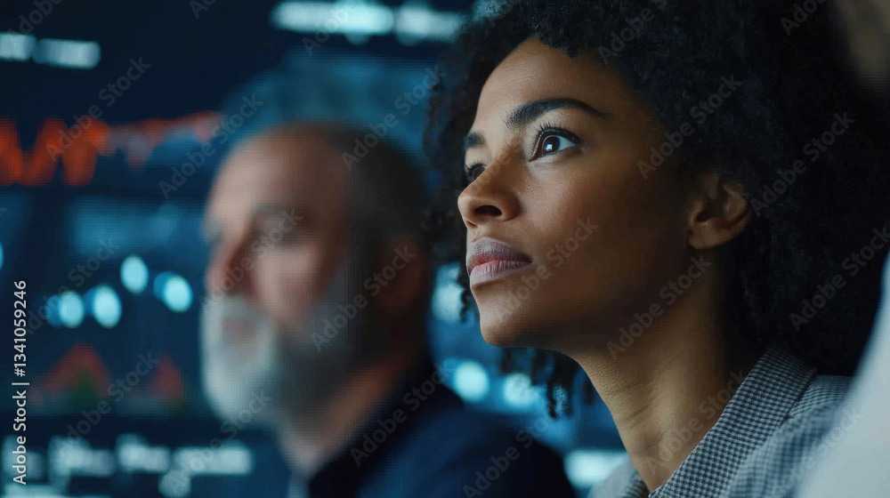 Poster focused team analyzes data on digital screen, highlighting diverse perspectives in modern office set