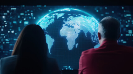 Two people are observing digital world map on large screen, analyzing global data. map is illuminated with blue lights, indicating focus on technology and global connectivity