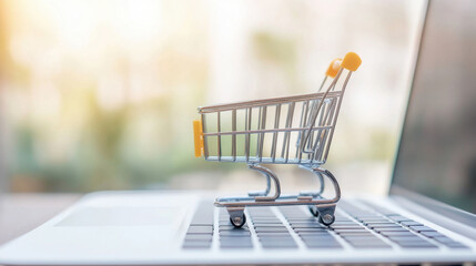 miniature shopping cart sits on laptop keyboard, symbolizing growth of e commerce and online shopping trends in digital marketplace