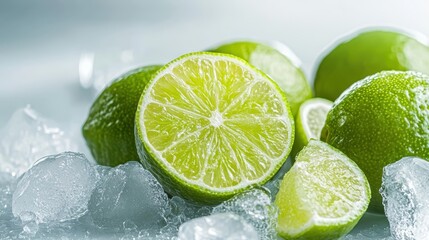 This image captures fresh green limes cut in half, resting on a bed of ice, showcasing their vibrant color and juicy texture, perfect for beverage and culinary inspiration.