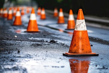 Traffic cones placed on the road surface to indicate construction zones ahead.