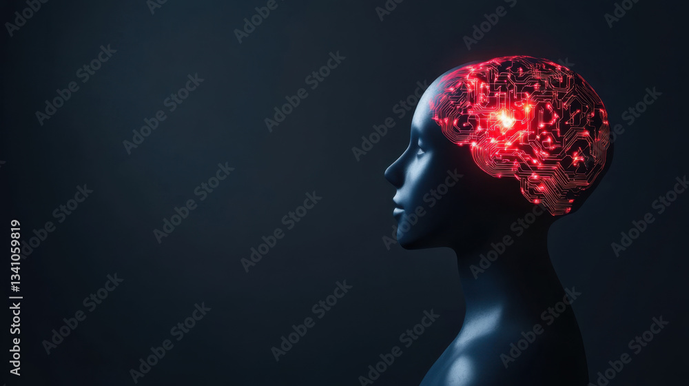 Poster futuristic ai head with glowing circuits represents digital transformation and innovation. dark back