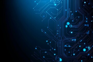 Abstract close-up of a glowing blue digital circuit board, showcasing intricate connections and technological design on a black background.
