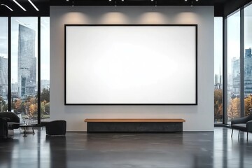Meeting room with empty display white blank frame mockup. Modern business offices reception background as banner with copy space.