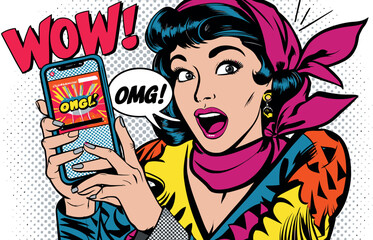Retro Pop Art Woman Shocked by Hot Message on Smartphone