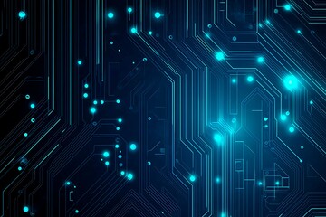 Abstract close-up of a glowing blue digital circuit board, showcasing intricate connections and technological design on a black background.
