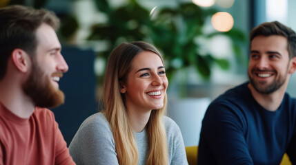 Fototapeta premium group of young professionals smiling and chatting in modern office breakout space, fostering positive and collaborative work environment