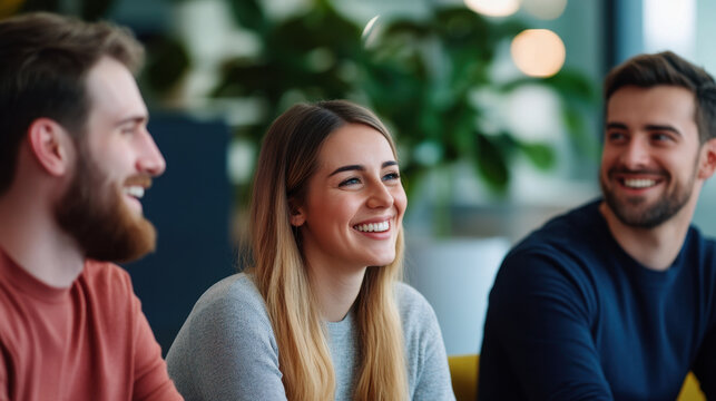 group of young professionals smiling and chatting in modern office breakout space, fostering positive and collaborative work environment