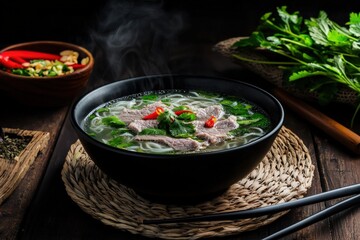 Hot and Steaming Bowl of Noodle Soup with Fresh Herbs and Spices