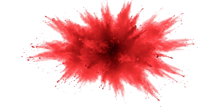 vibrant explosion of red powder captured mid-air, creating a starburst pattern against transparent background 