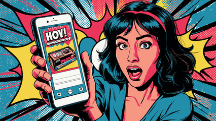 Retro Pop Art Woman Shocked by Hot Message on Smartphone