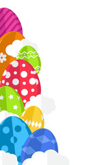 Fototapeta premium Bright easter eggs and clouds corner element. Paper cut elements for spring greetings