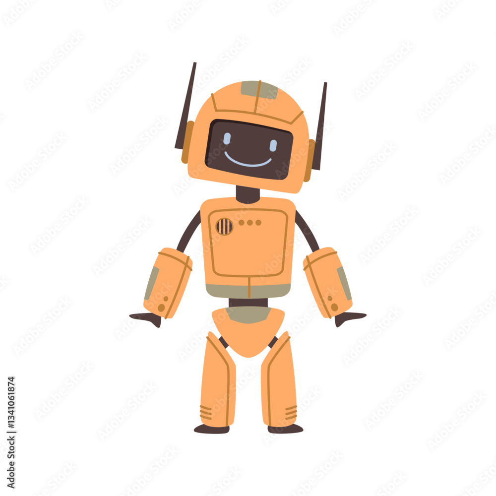 Poster Humanoid isolated robot character with legs and hands. Vector isolated cyborg with friendly smiling facial expression. Modern model, assistant with artificial intelligence, computer personage