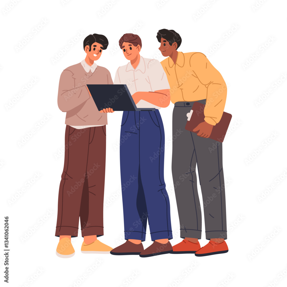 Aufkleber Employees in office together discussing work related tasks and achievements. Vector man with portable computer showing ideas for project. Secretary and boss, leader and worker with presentations