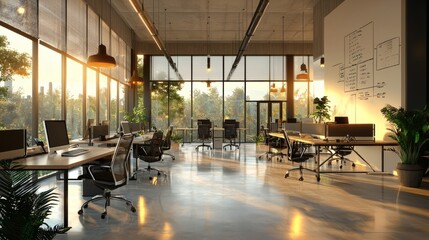 125. Modern open office with daylight from large windows and warm hanging lights over workstations