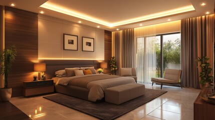 130. Contemporary bedroom with window light and warm recessed ceiling lights blending evenly