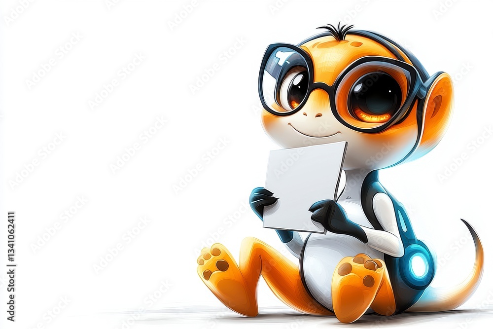 Poster curious animated monkey learning to read digital art white background playful concept