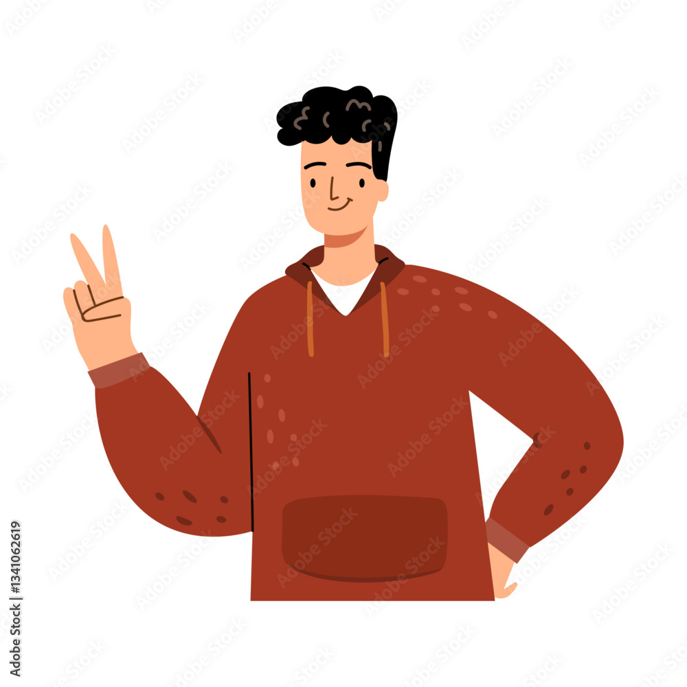 Aufkleber smiling man showing peace hand gesture. two finger count isolated vector illustration. hand gesture 