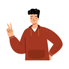 Smiling man showing peace hand gesture. Two finger count isolated vector illustration. Hand gesture of victory and peace, funny cartoon character, counting male personage