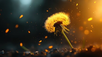 Obraz premium A captivating image of a dandelion puff surrounded by glowing particles, creating an enchanting atmosphere that evokes wonder and nostalgia in a magical setting.