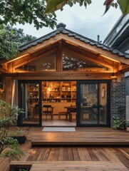 A wooden home features a deck and interior with lights