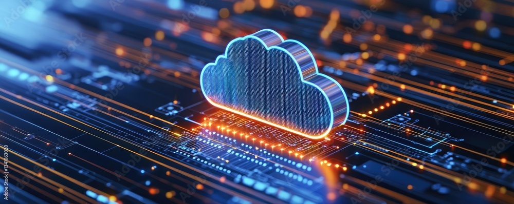 Poster Cloud technology database and server backup storage concept. A digital cloud symbol on a circuit board, representing modern data storage solutions.