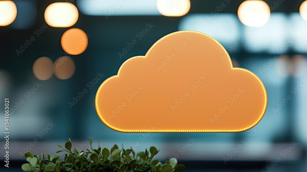 Poster Cloud technology database and server backup storage concept. Modern cloud icon against blurred background with warm lights, symbolizing digital storage.