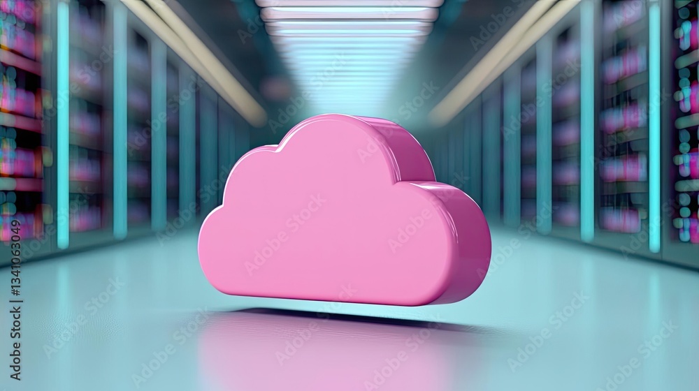 Poster Cloud technology database and server backup storage concept. Stylized pink cloud symbolizing digital storage in a modern data center.