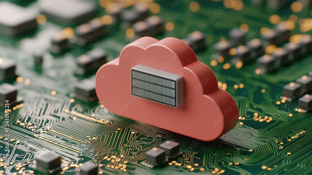 Poster Cloud technology private and public storage server concept. A cloud symbol on a circuit board representing digital storage and connectivity.