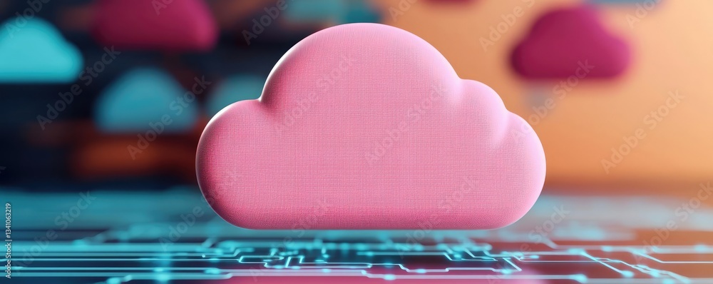 Poster cloud technology private and public storage server concept. a vibrant pink cloud symbolizes digital 