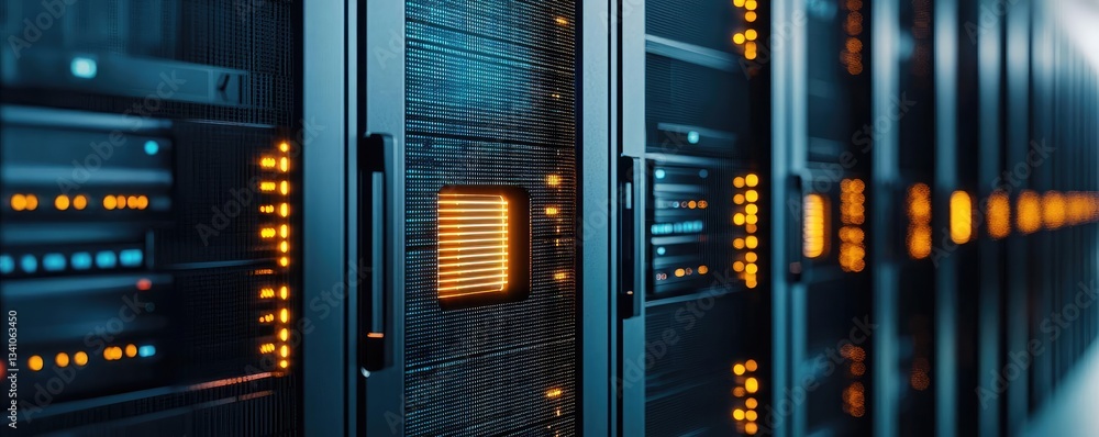 Aufkleber Cloud technology private and public storage server concept. Close-up view of modern server cabinets with illuminated indicators and data connections.