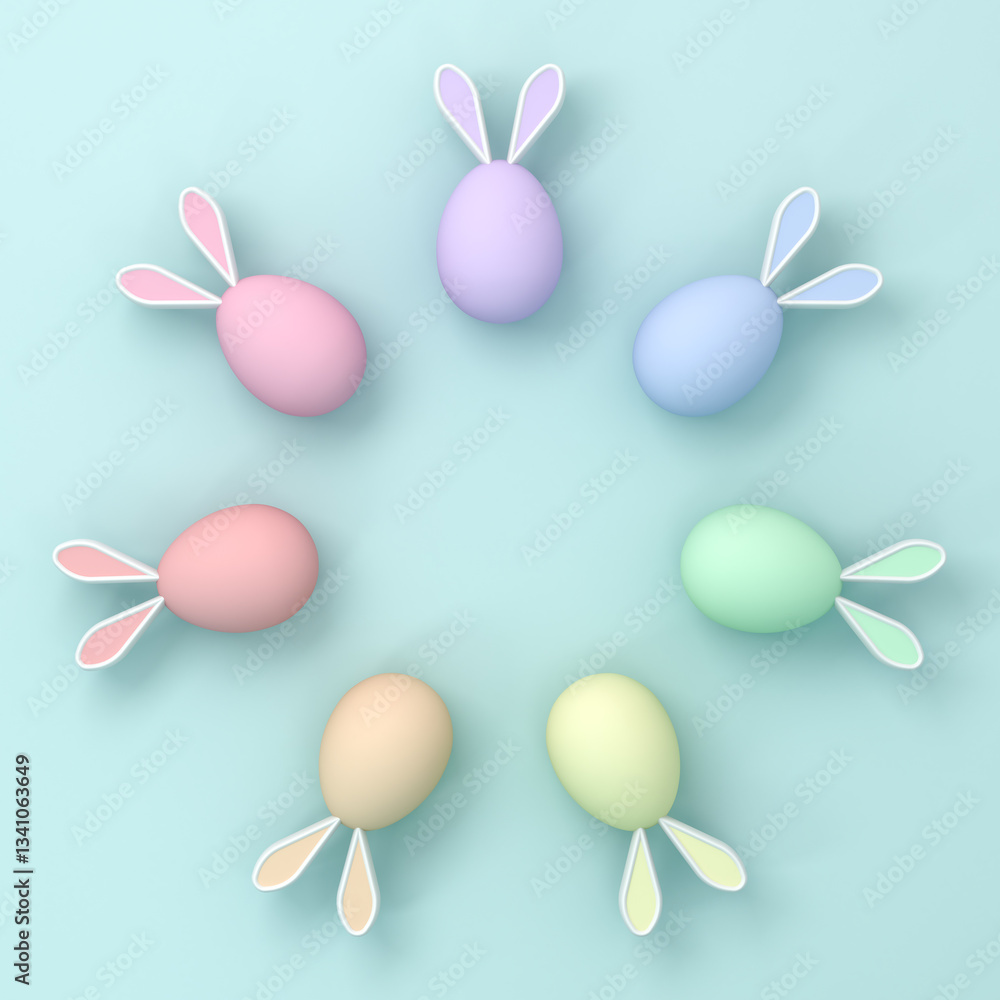 Aufkleber Colorful bunny Easter eggs on light blue green pastel color background with shadows and blank space minimal creative idea easter day concept 3D rendering