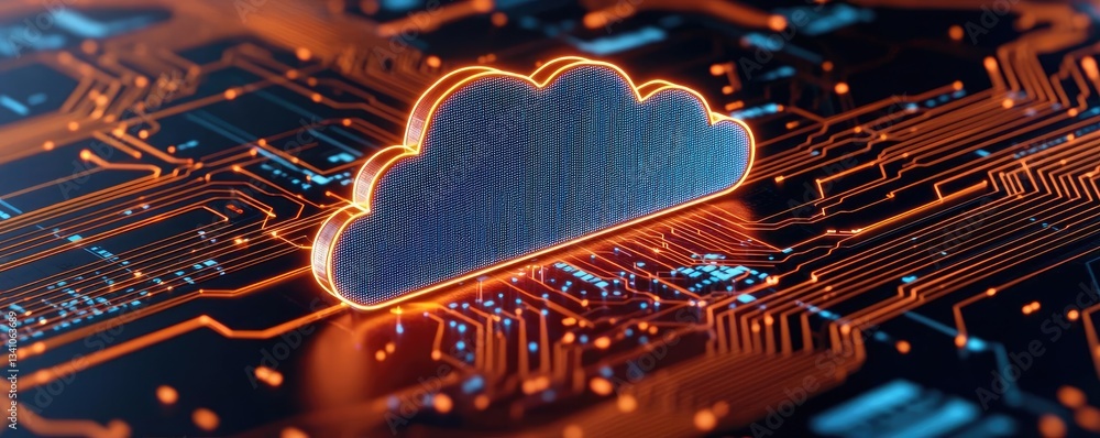 Poster Cloud technology private and public storage server concept. Stylized cloud computing symbol on a modern circuit board background.