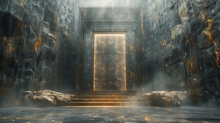 A dark room with a large door that is lit up