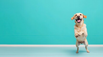 Happy Dog Jumping on Blue Background with Vibrant Playground Feel