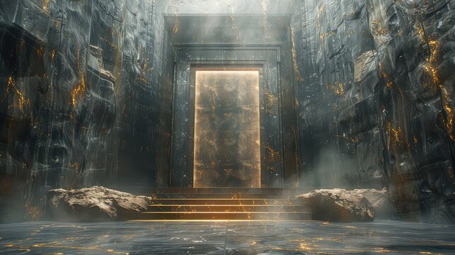 A dark room with a large door that is lit up