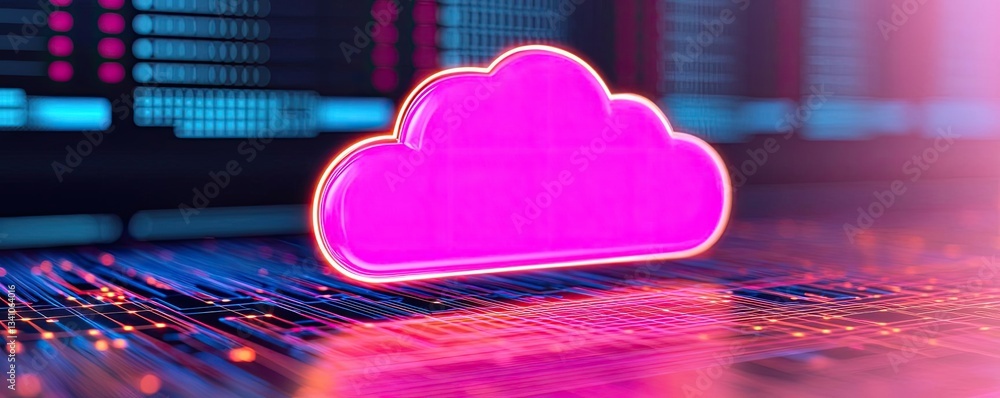 Poster Cloud technology in public and private server storage concept. A vibrant pink cloud icon floats over a digital backdrop of data and technology elements.