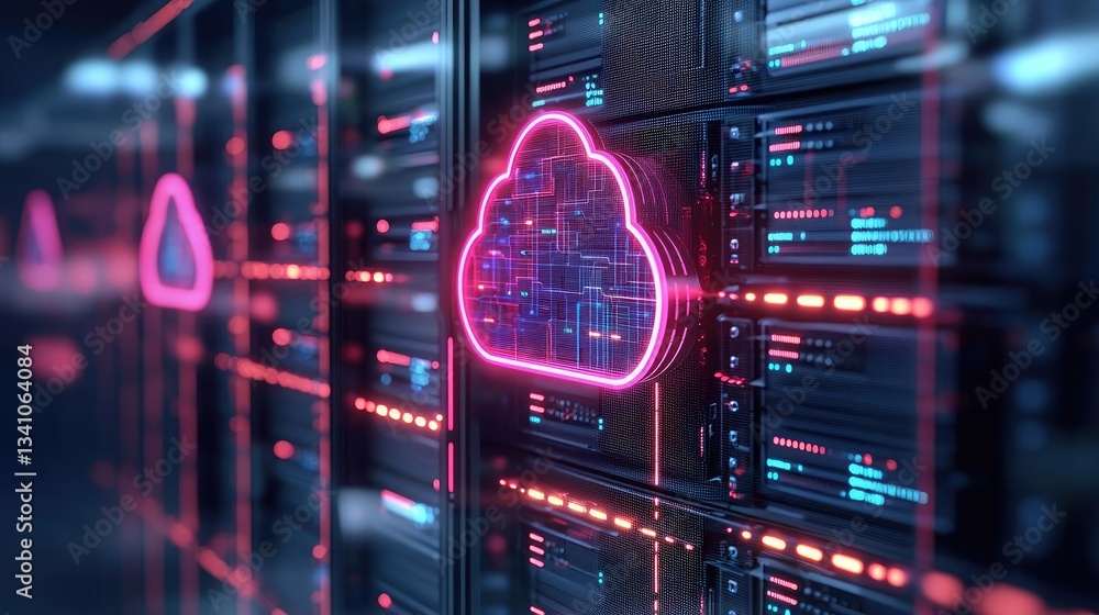 Poster Cloud technology private and public storage server concept. Futuristic data center with glowing cloud icons and servers displaying digital information.