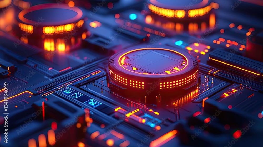 Poster Cloud technology private and public storage server concept. Futuristic control panel with glowing neon lights in a dark environment.