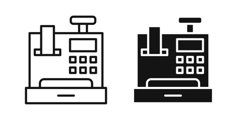 Cash register icons in black fill and line style