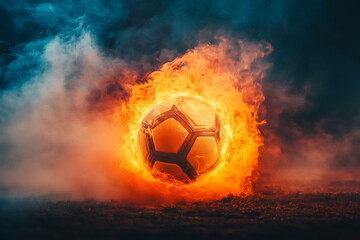 Fototapeta premium soccer ball flying on the field in smoke, dark background.