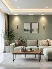 A modern living room showcasing a beige sofa with accessories