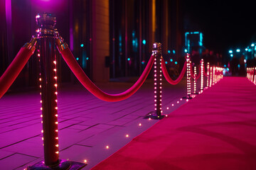 Obraz premium Glamorous red carpet entrance with velvet ropes and vibrant neon lighting for a luxury event