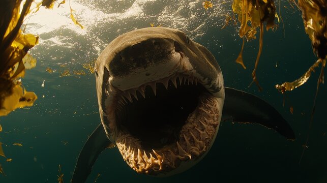 Majestic Shark Emerging from Kelp Forest Underwater in Ocean