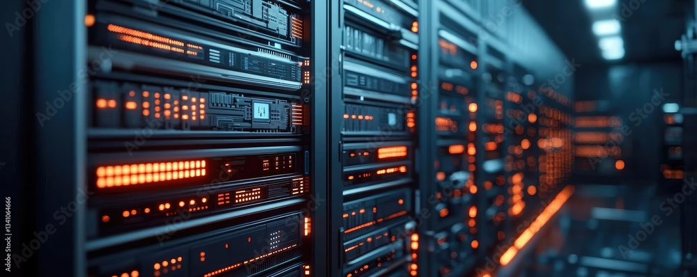 Aufkleber Cloud technology private and public storage server concept. High-tech server room with illuminated racks and advanced storage equipment.