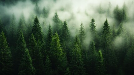 A mesmerizing scene featuring tall trees shrouded in fog within a lush green forest, creating an ambiance that reflects mystery, serenity, and the beauty of the natural world.