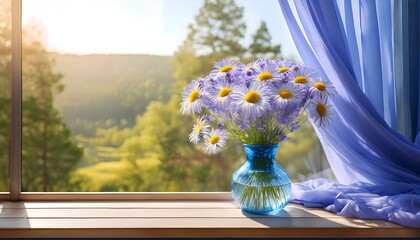 flowers in vase in the window and blue curtain. © Danang