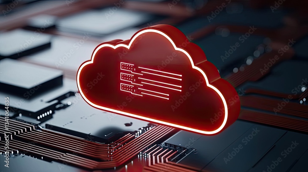 Poster Cloud technology in public and private server storage concept. Red cloud symbol representing digital data and cloud storage on a circuit board.