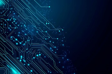 Abstract close-up of a glowing blue digital circuit board, showcasing intricate connections and technological design on a black background.
