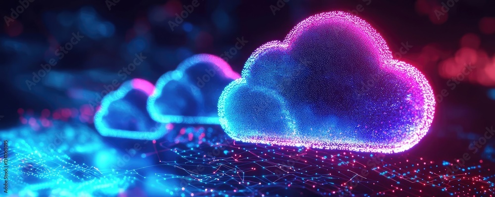 Poster cloud technology private and public storage server concept. vibrant digital clouds glowing in neon c